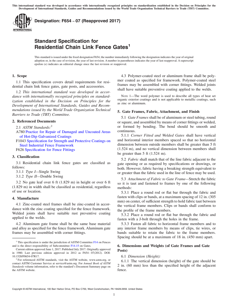 ASTM F654-07(2017) - Standard Specification for  Residential Chain Link Fence Gates