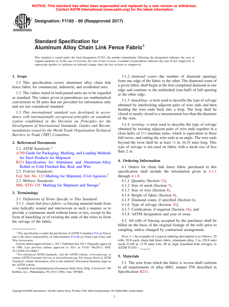 ASTM F1183-96(2017) - Standard Specification for  Aluminum Alloy Chain Link Fence Fabric