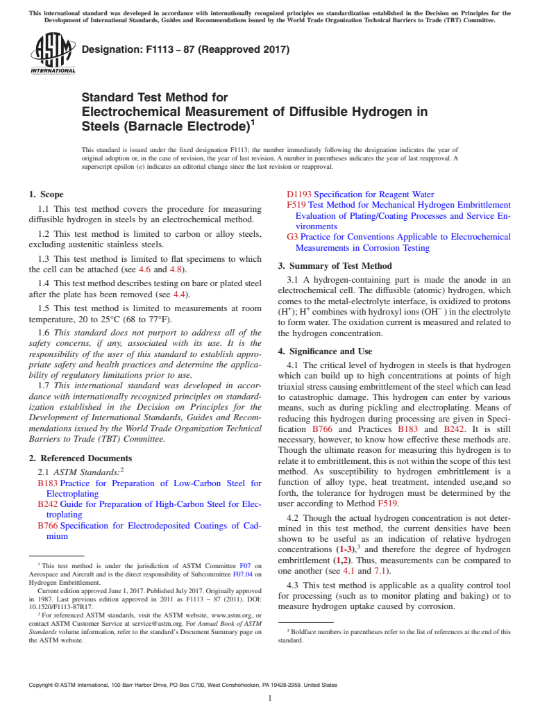 ASTM F1113-87(2017) - Standard Test Method for  Electrochemical Measurement of Diffusible Hydrogen in Steels  (Barnacle Electrode)