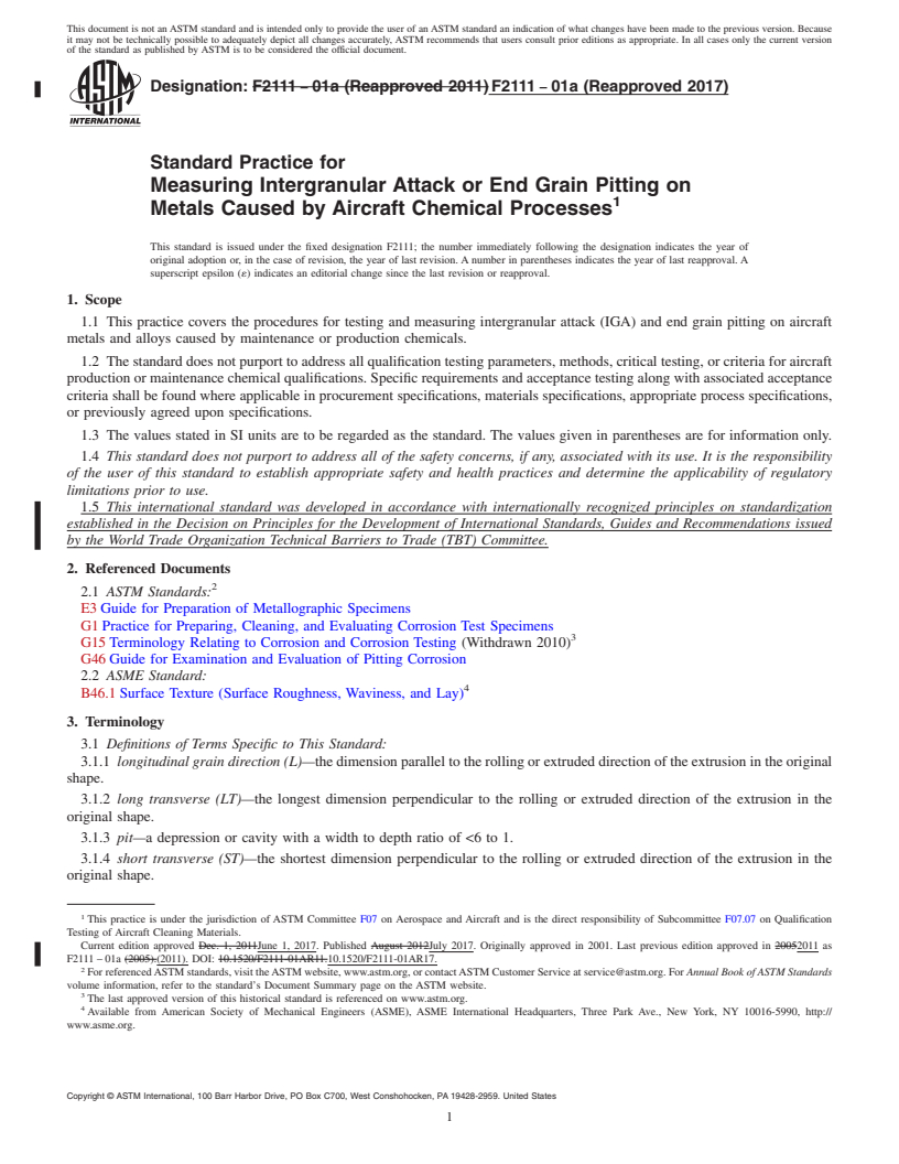 REDLINE ASTM F2111-01a(2017) - Standard Practice for  Measuring Intergranular Attack or End Grain Pitting on Metals  Caused by Aircraft Chemical Processes