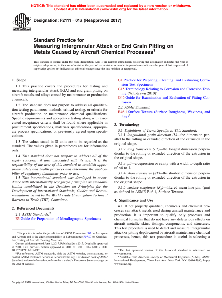 ASTM F2111-01a(2017) - Standard Practice for  Measuring Intergranular Attack or End Grain Pitting on Metals  Caused by Aircraft Chemical Processes