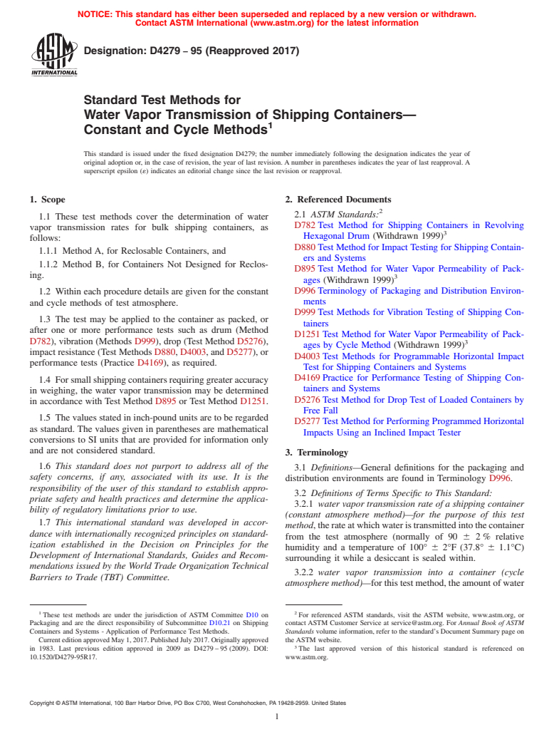 ASTM D4279-95(2017) - Standard Test Methods for  Water Vapor Transmission of Shipping Containers&#x2014;Constant  and Cycle Methods