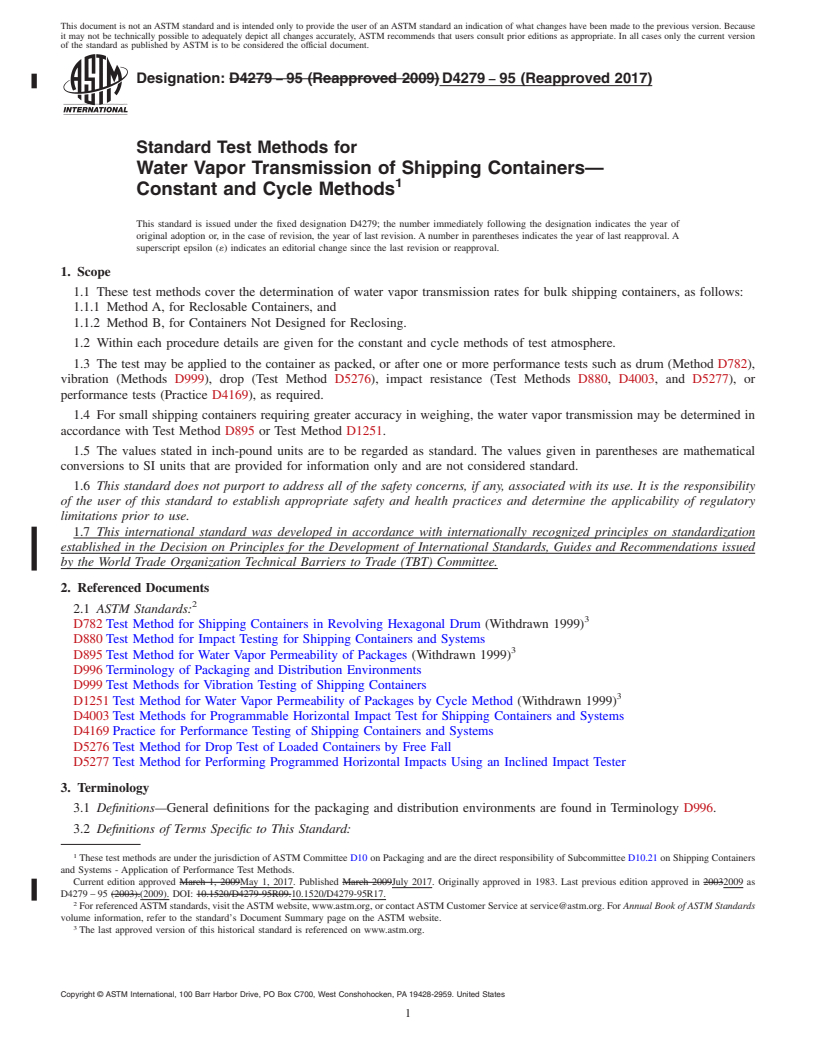 REDLINE ASTM D4279-95(2017) - Standard Test Methods for  Water Vapor Transmission of Shipping Containers&#x2014;Constant  and Cycle Methods