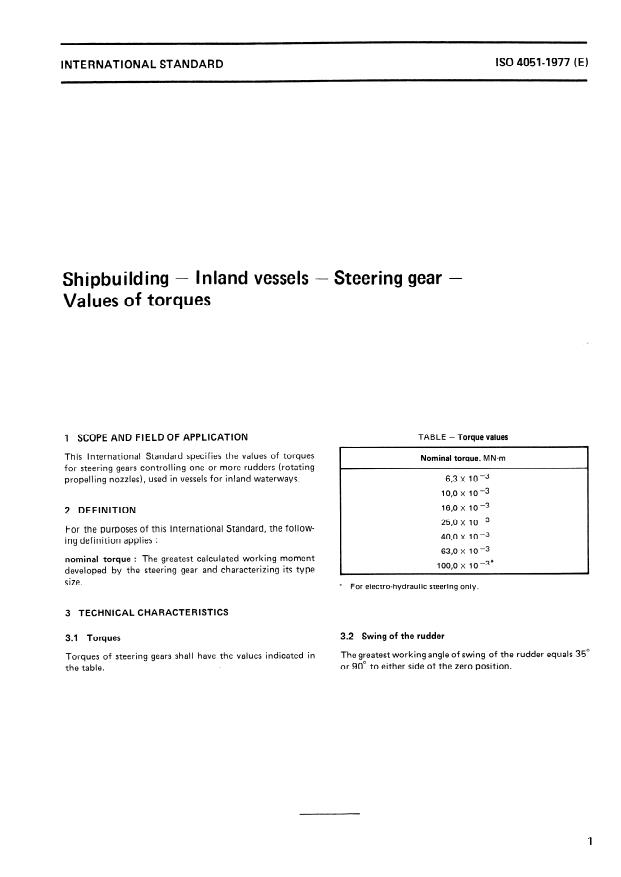 ISO 4051:1977 - Shipbuilding -- Inland vessels -- Steering gear -- Values of torques