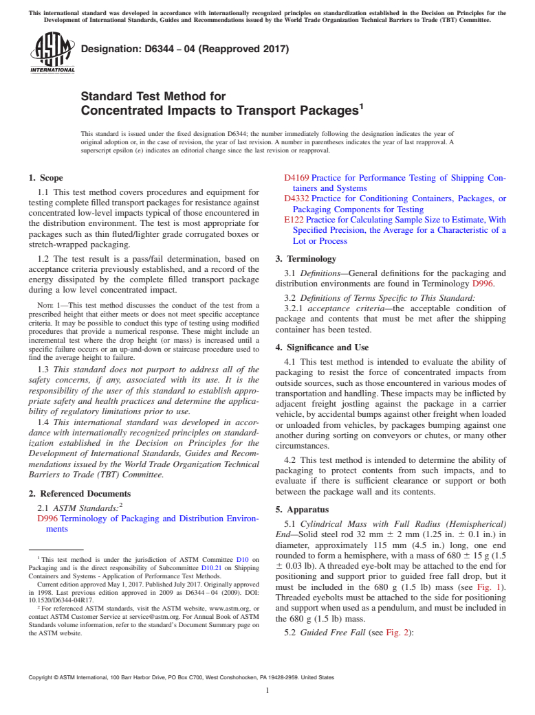 ASTM D6344-04(2017) - Standard Test Method for  Concentrated Impacts to Transport Packages