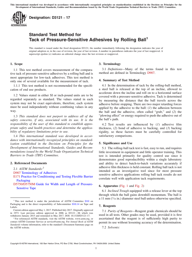 ASTM D3121-17 - Standard Test Method for  Tack of Pressure-Sensitive Adhesives by Rolling Ball