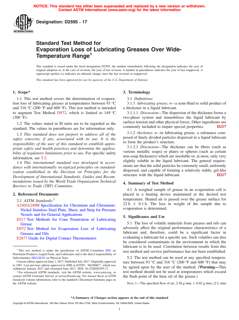 ASTM D2595-17 - Standard Test Method for Evaporation Loss of Lubricating Greases Over Wide-Temperature  Range