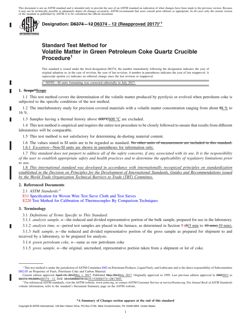 REDLINE ASTM D6374-12(2017)e1 - Standard Test Method for  Volatile Matter in Green Petroleum Coke Quartz Crucible Procedure