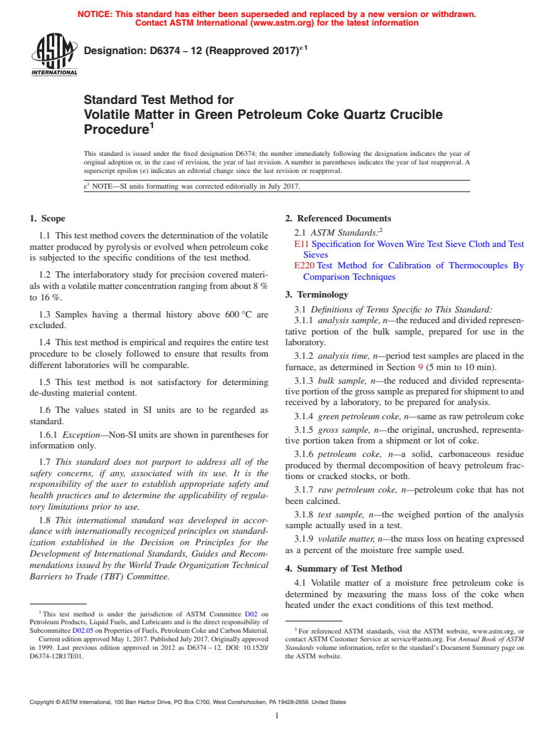 ASTM D6374-12(2017)e1 - Standard Test Method for  Volatile Matter in Green Petroleum Coke Quartz Crucible Procedure