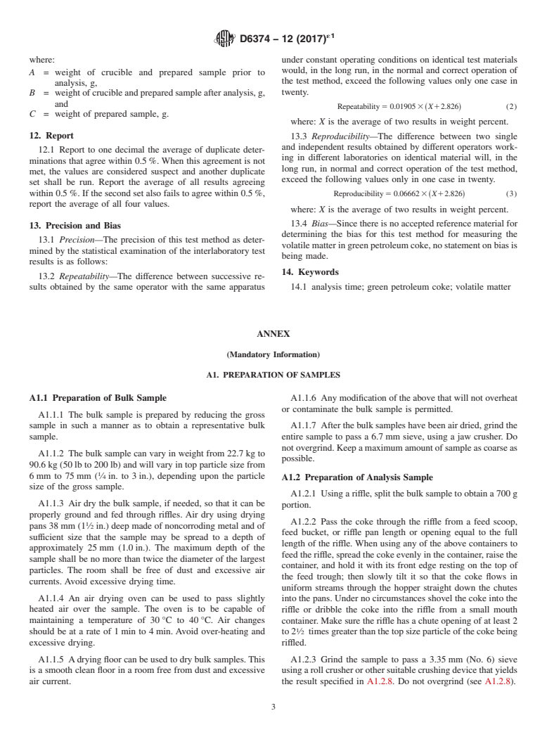 ASTM D6374-12(2017)e1 - Standard Test Method for  Volatile Matter in Green Petroleum Coke Quartz Crucible Procedure