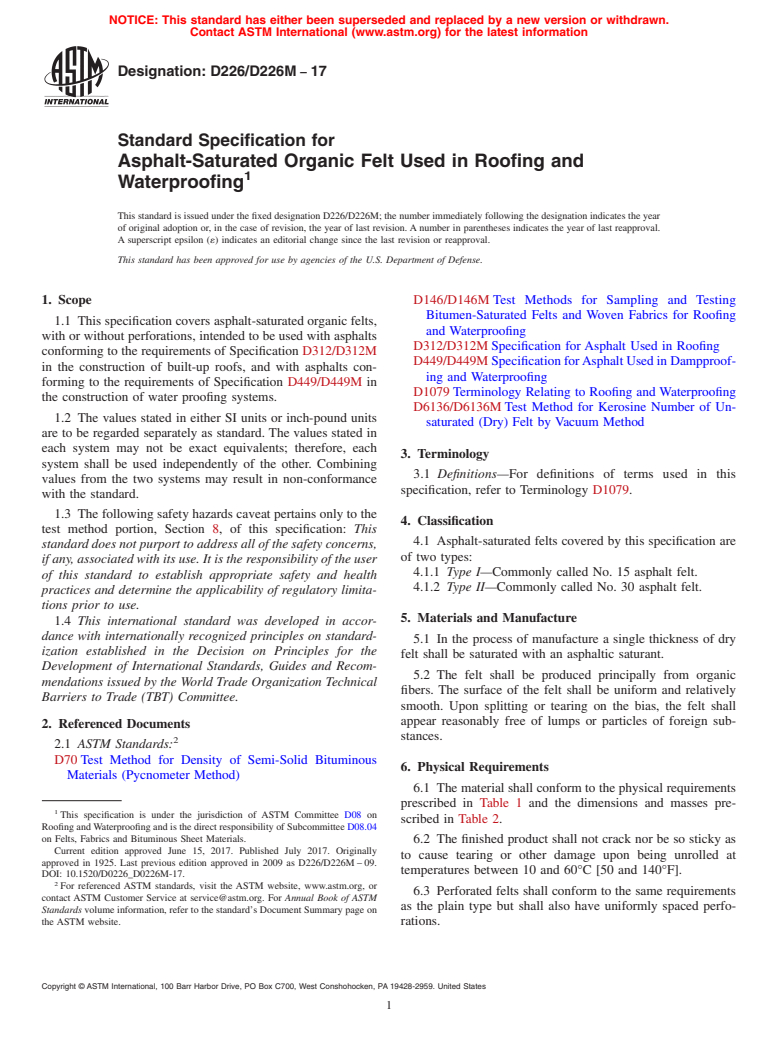 ASTM D226/D226M-17 - Standard Specification for  Asphalt-Saturated Organic Felt Used in Roofing and Waterproofing