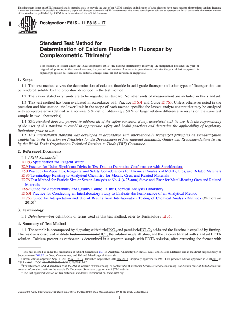 REDLINE ASTM E815-17 - Standard Test Method for  Determination of Calcium Fluoride in Fluorspar by Complexometric  Titrimetry