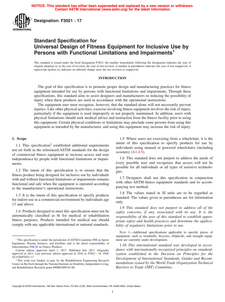 ASTM F3021-17 - Standard Specification for Universal Design of Fitness Equipment for Inclusive Use by  Persons with Functional Limitations and Impairments