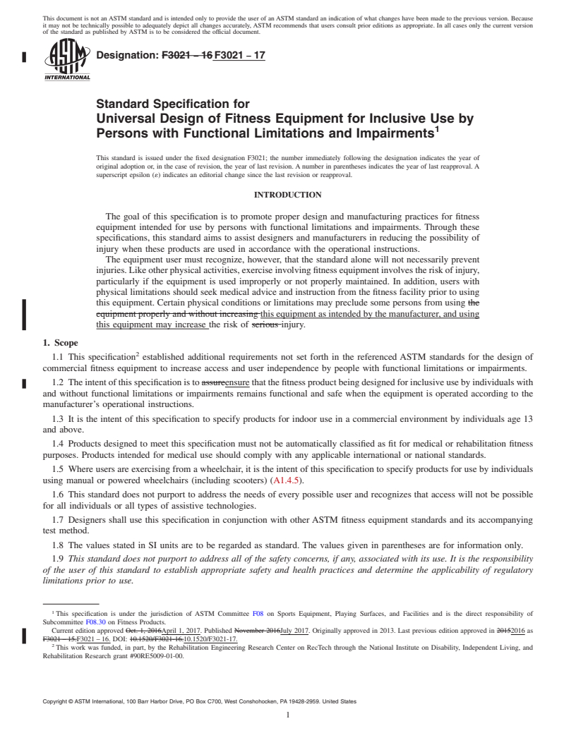 REDLINE ASTM F3021-17 - Standard Specification for Universal Design of Fitness Equipment for Inclusive Use by  Persons with Functional Limitations and Impairments