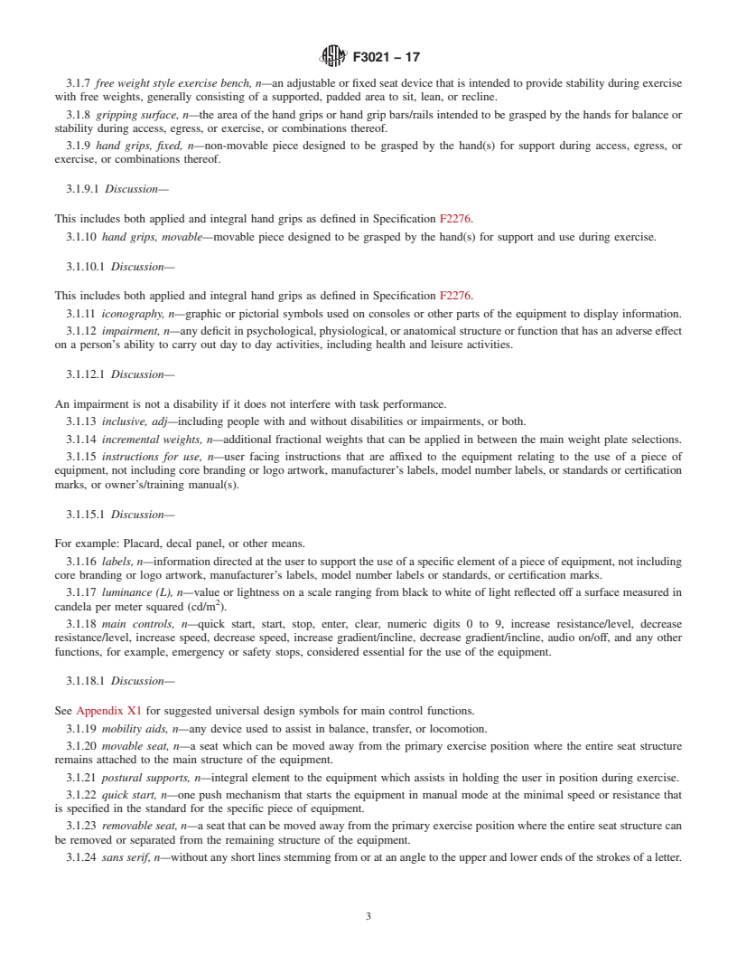 REDLINE ASTM F3021-17 - Standard Specification for Universal Design of Fitness Equipment for Inclusive Use by  Persons with Functional Limitations and Impairments