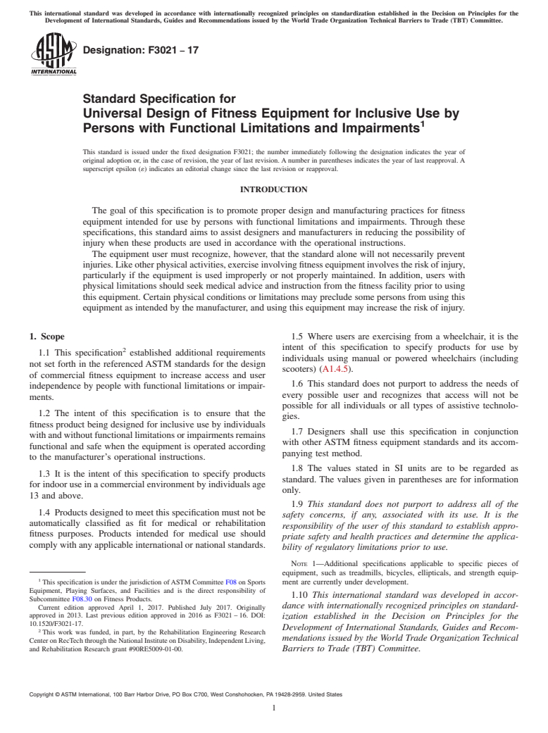 ASTM F3021-17 - Standard Specification for Universal Design of Fitness Equipment for Inclusive Use by  Persons with Functional Limitations and Impairments