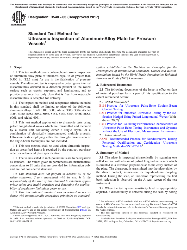 ASTM B548-03(2017) - Standard Test Method for  Ultrasonic Inspection of Aluminum-Alloy Plate for Pressure  Vessels