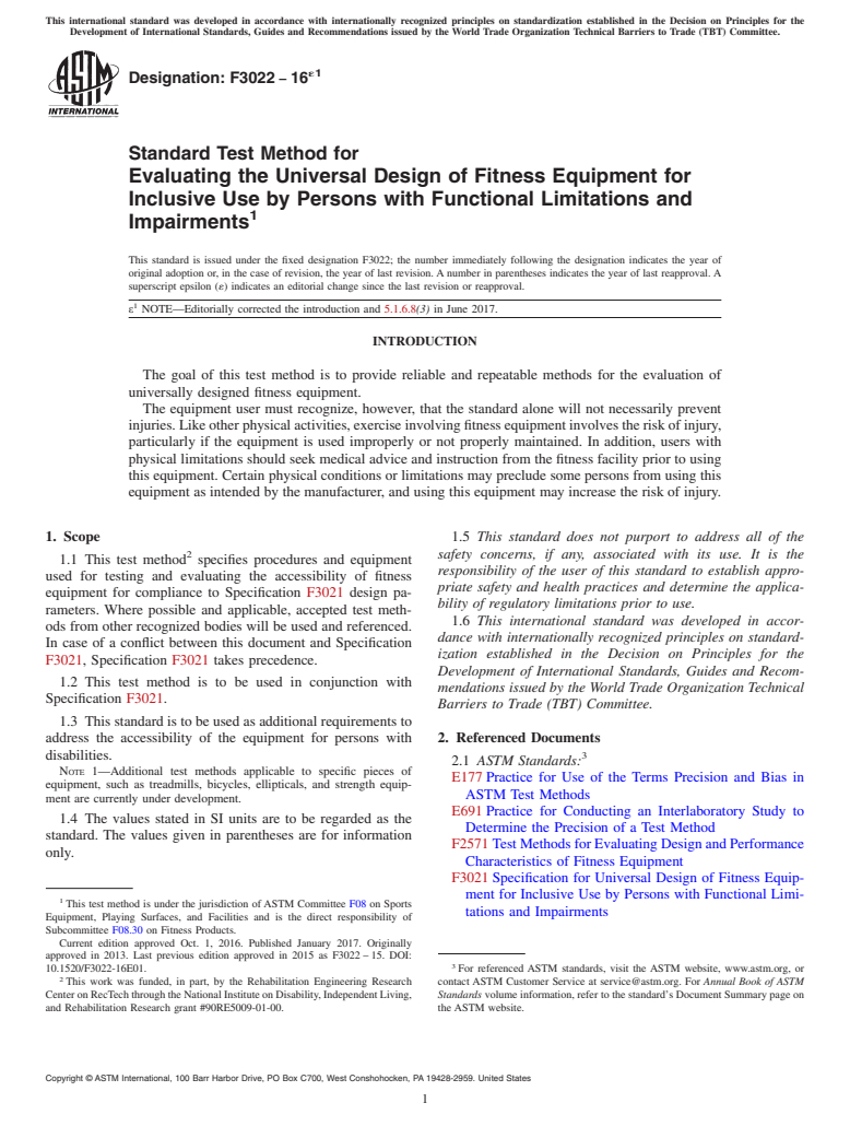 ASTM F3022-16e1 - Standard Test Method for Evaluating the Universal Design of Fitness Equipment for Inclusive  Use by Persons with Functional Limitations and Impairments