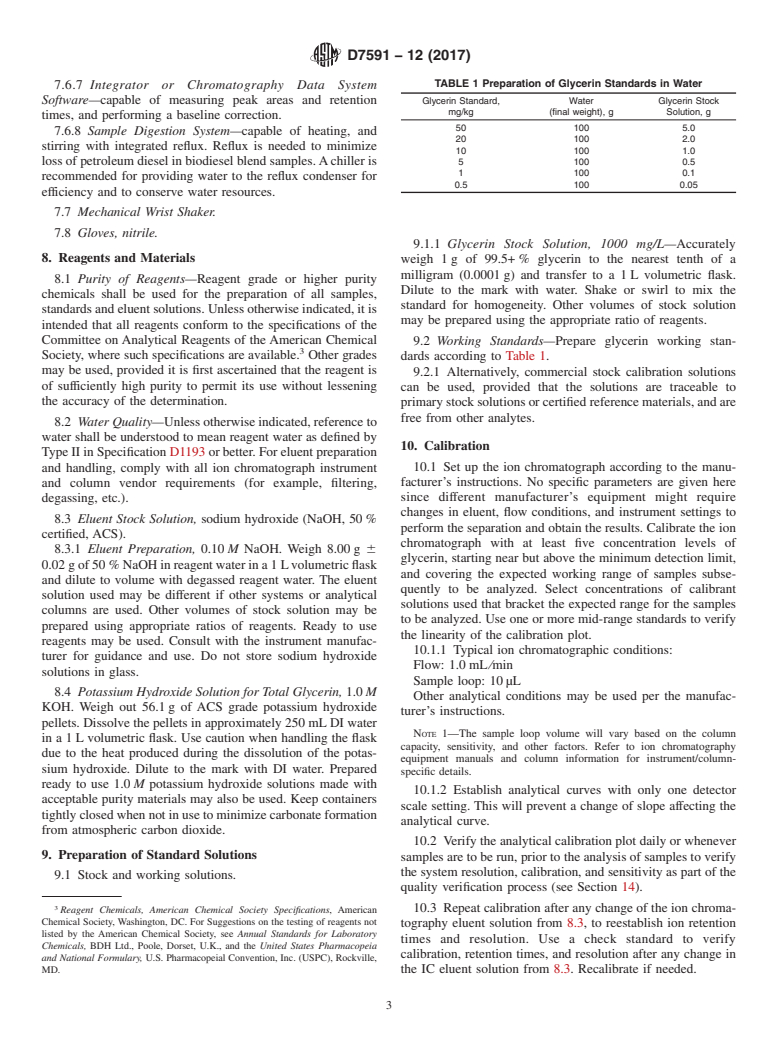 ASTM D7591-12(2017) - Standard Test Method for  Determination of Free and Total Glycerin in Biodiesel Blends  by Anion Exchange Chromatography