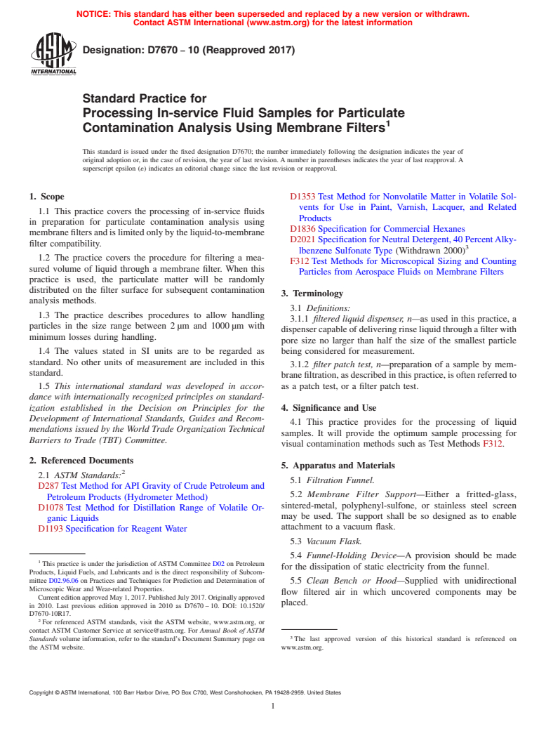 ASTM D7670-10(2017) - Standard Practice for  Processing In-service Fluid Samples for Particulate Contamination  Analysis Using Membrane Filters