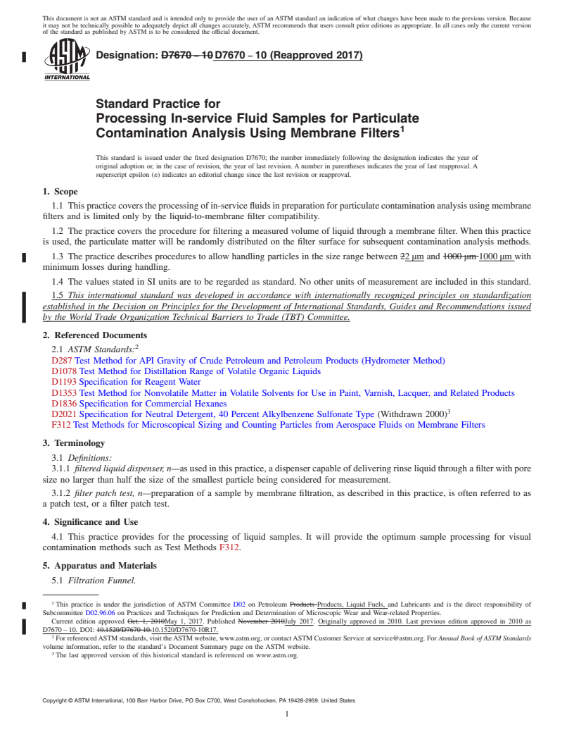 REDLINE ASTM D7670-10(2017) - Standard Practice for  Processing In-service Fluid Samples for Particulate Contamination  Analysis Using Membrane Filters