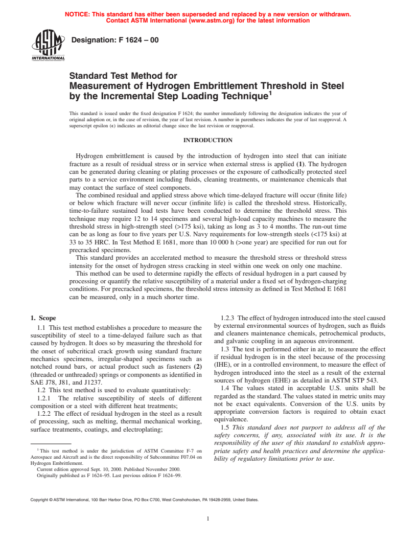 ASTM F1624-00 - Standard Test Method for Measurement of Hydrogen Embrittlement Threshold in Steel by the Incremental Step Loading Technique