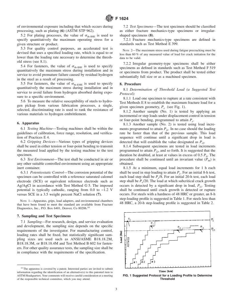ASTM F1624-00 - Standard Test Method for Measurement of Hydrogen Embrittlement Threshold in Steel by the Incremental Step Loading Technique