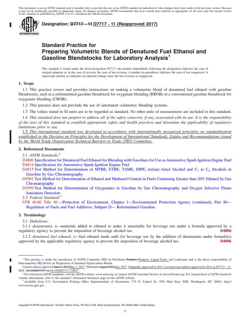 REDLINE ASTM D7717-11(2017) - Standard Practice for  Preparing Volumetric Blends of Denatured Fuel Ethanol and Gasoline  Blendstocks for Laboratory Analysis