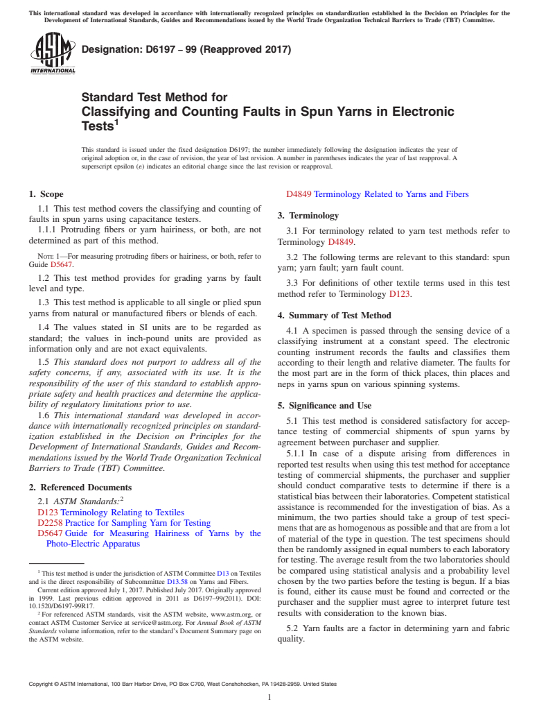 ASTM D6197-99(2017) - Standard Test Method for  Classifying and Counting Faults in Spun Yarns in Electronic  Tests