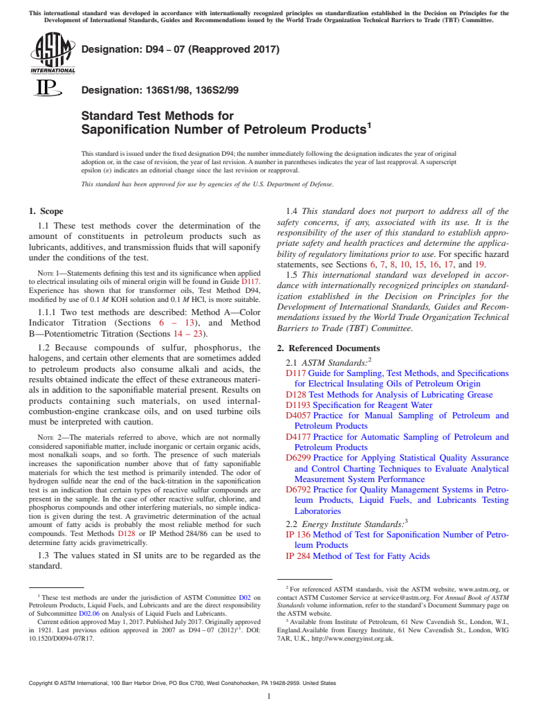 ASTM D94-07(2017) - Standard Test Methods for  Saponification Number of Petroleum Products