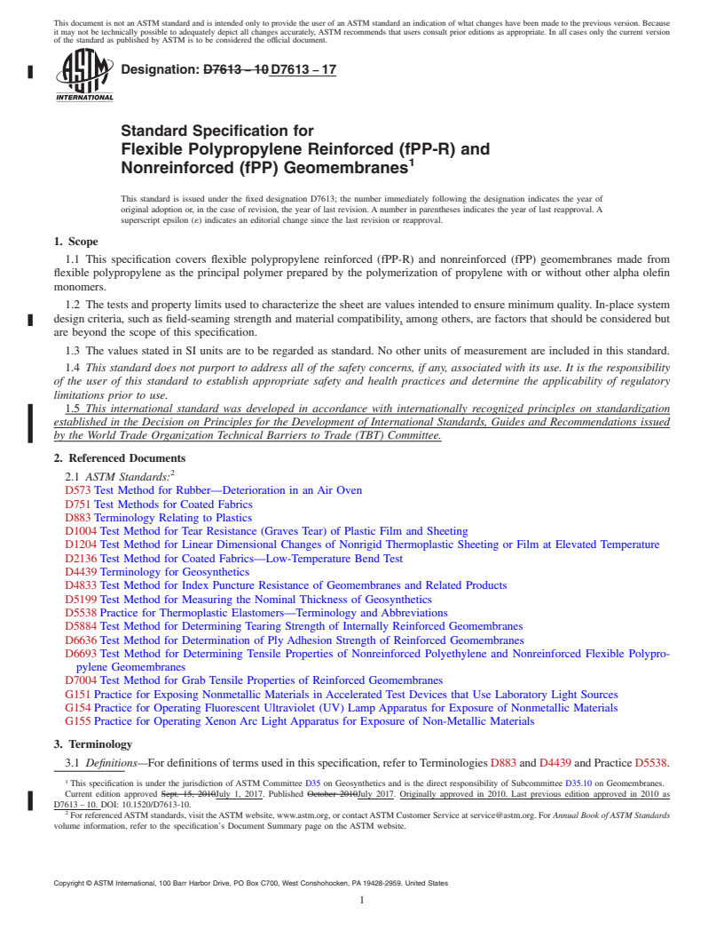 REDLINE ASTM D7613-17 - Standard Specification for  Flexible Polypropylene Reinforced (fPP-R) and Nonreinforced   (fPP) Geomembranes