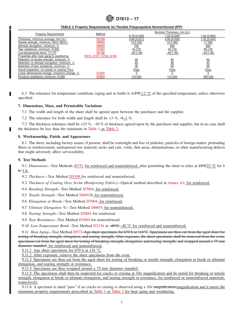 REDLINE ASTM D7613-17 - Standard Specification for  Flexible Polypropylene Reinforced (fPP-R) and Nonreinforced   (fPP) Geomembranes