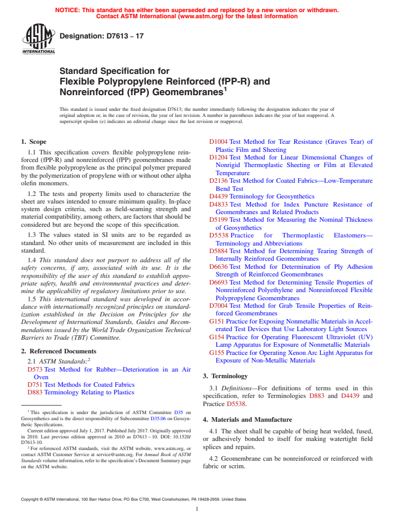 ASTM D7613-17 - Standard Specification for  Flexible Polypropylene Reinforced (fPP-R) and Nonreinforced   (fPP) Geomembranes