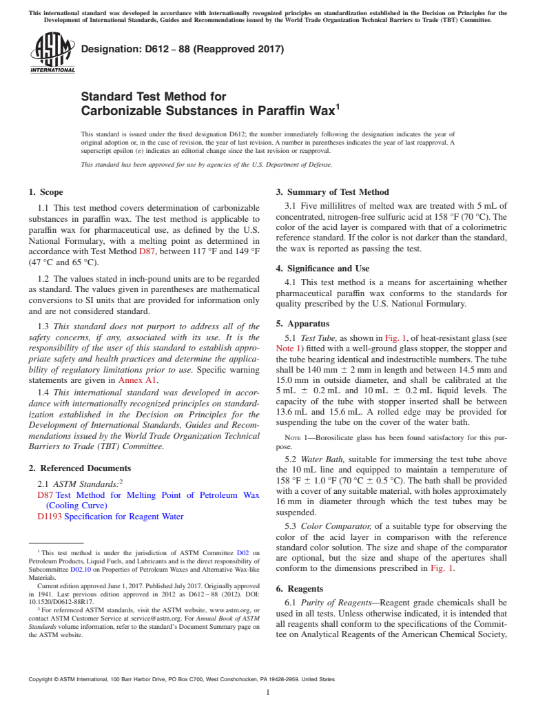 ASTM D612-88(2017) - Standard Test Method for  Carbonizable Substances in Paraffin Wax