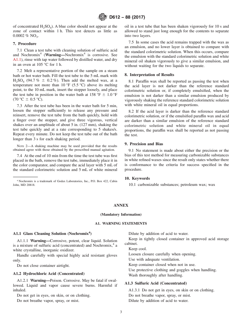 ASTM D612-88(2017) - Standard Test Method for  Carbonizable Substances in Paraffin Wax