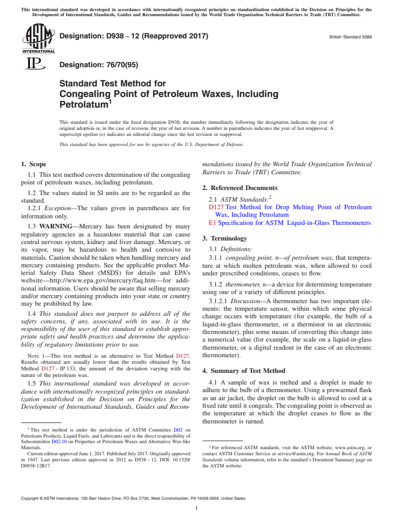 ASTM D938-12(2017) - Standard Test Method for Congealing Point of Petroleum Waxes, Including Petrolatum