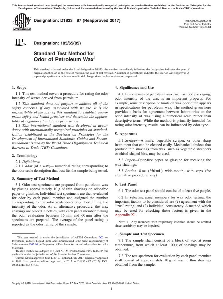 ASTM D1833-87(2017) - Standard Test Method for  Odor of Petroleum Wax