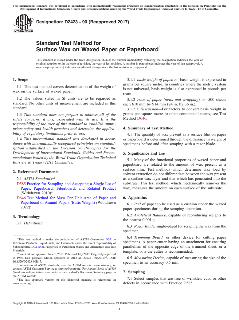 ASTM D2423-90(2017) - Standard Test Method for Surface Wax on Waxed Paper or Paperboard