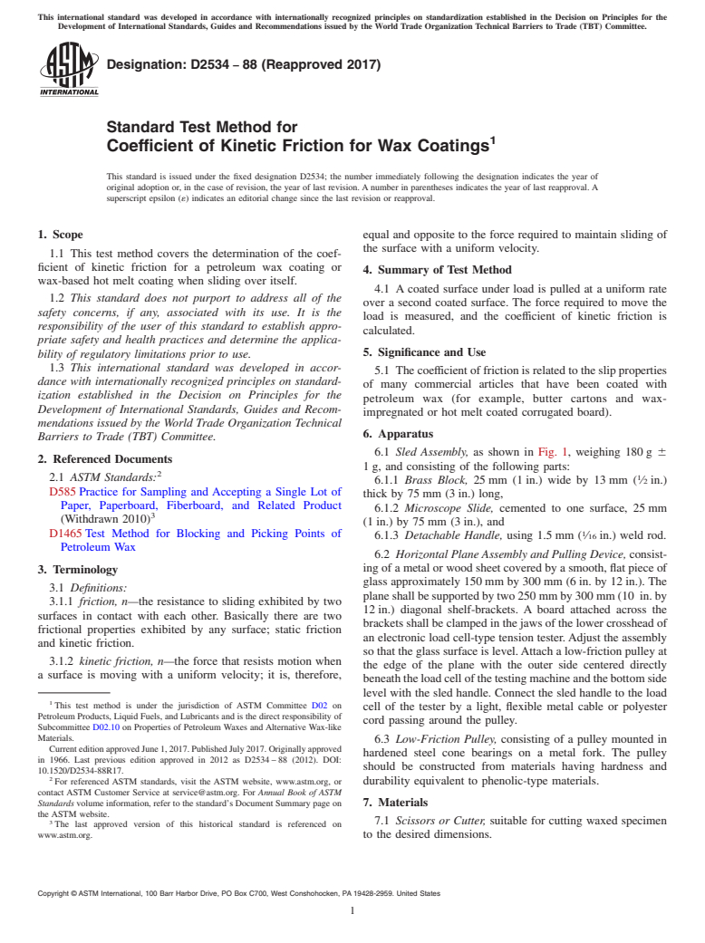 ASTM D2534-88(2017) - Standard Test Method for Coefficient of Kinetic Friction for Wax Coatings