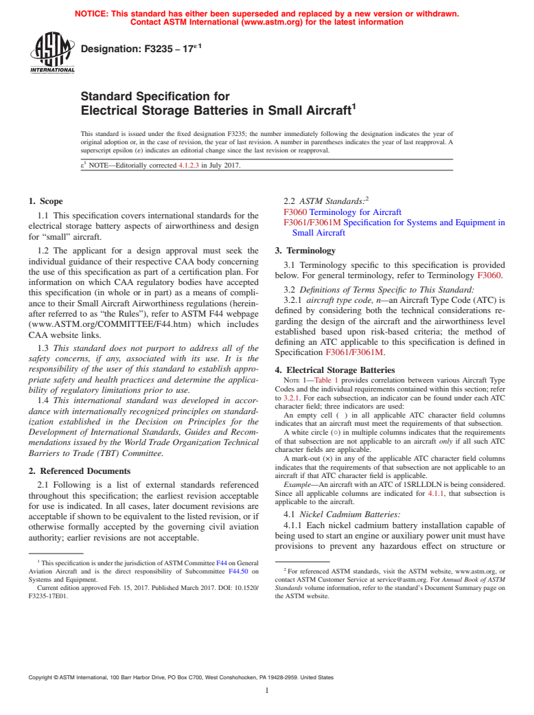 ASTM F3235-17e1 - Standard Specification for Electrical Storage Batteries in Small Aircraft