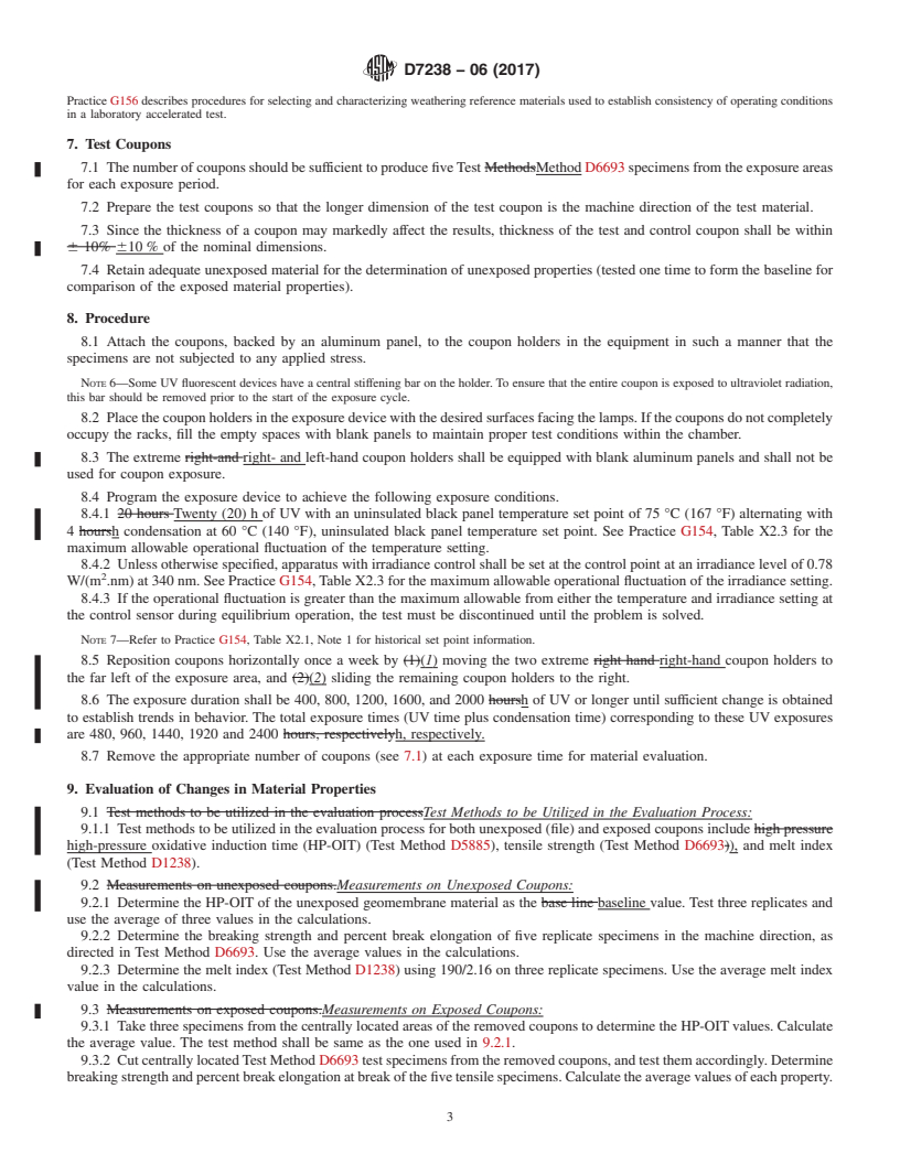 REDLINE ASTM D7238-06(2017) - Standard Test Method for  Effect of Exposure of Unreinforced Polyolefin Geomembrane Using   Fluorescent UV Condensation Apparatus