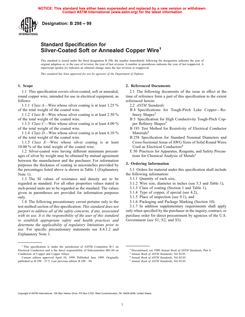 ASTM B298-99 - Standard Specification for Silver-Coated Soft or Annealed Copper Wire