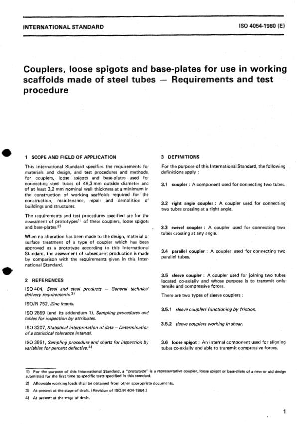 ISO 4054:1980 - Couplers, loose spigots and base-plates for use in working scaffolds made of steel tubes -- Requirements and test procedure