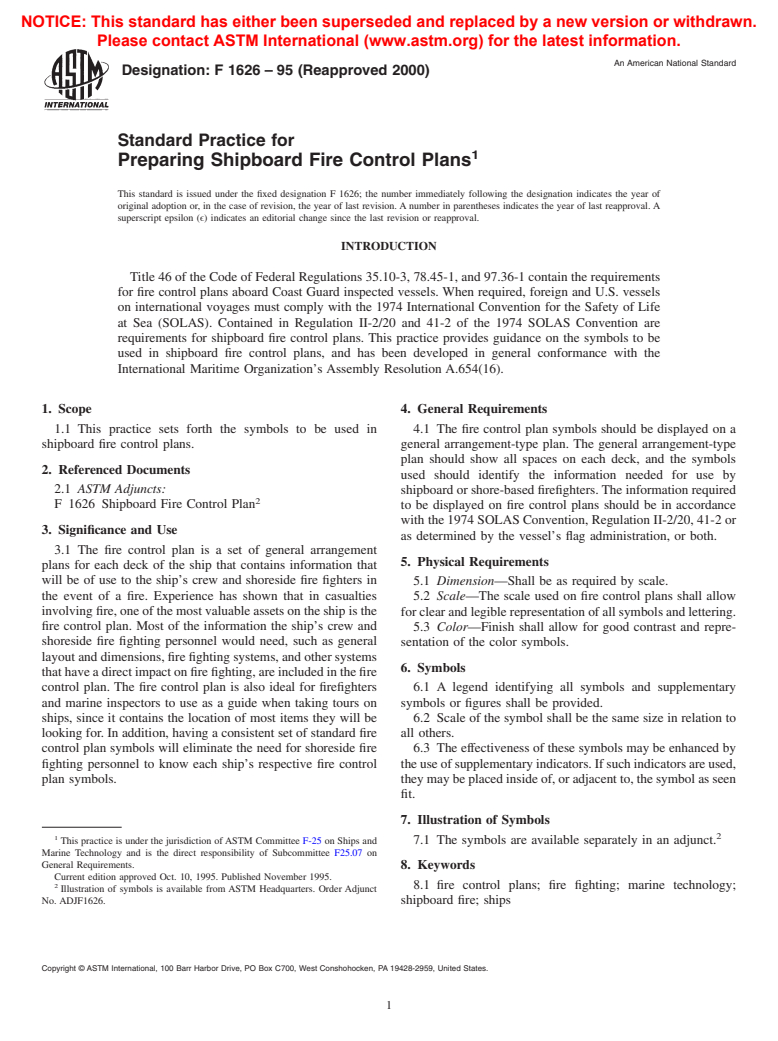 ASTM F1626-95(2000) - Standard Practice for Preparing Shipboard Fire Control Plans