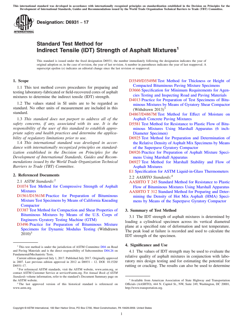 ASTM D6931-17 - Standard Test Method for Indirect Tensile (IDT) Strength of Asphalt Mixtures