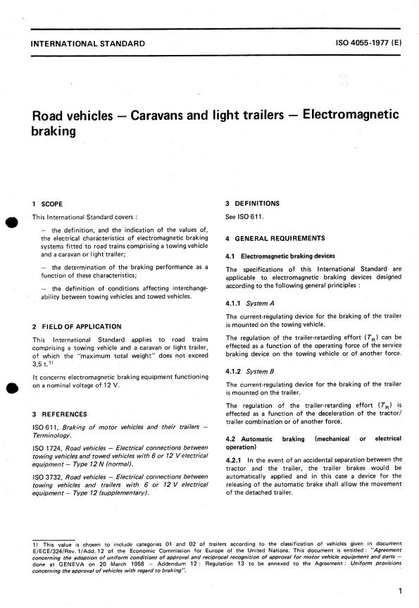 ISO 4055:1977 - Road vehicles -- Caravans and light trailers -- Electromagnetic braking