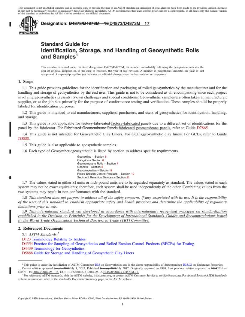 REDLINE ASTM D4873/D4873M-17 - Standard Guide for Identification, Storage, and Handling of Geosynthetic Rolls  and Samples