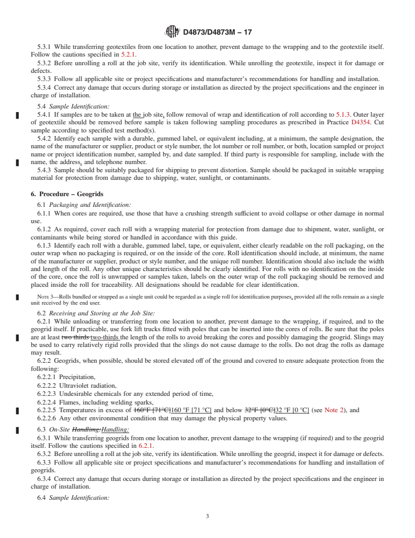 REDLINE ASTM D4873/D4873M-17 - Standard Guide for Identification, Storage, and Handling of Geosynthetic Rolls  and Samples