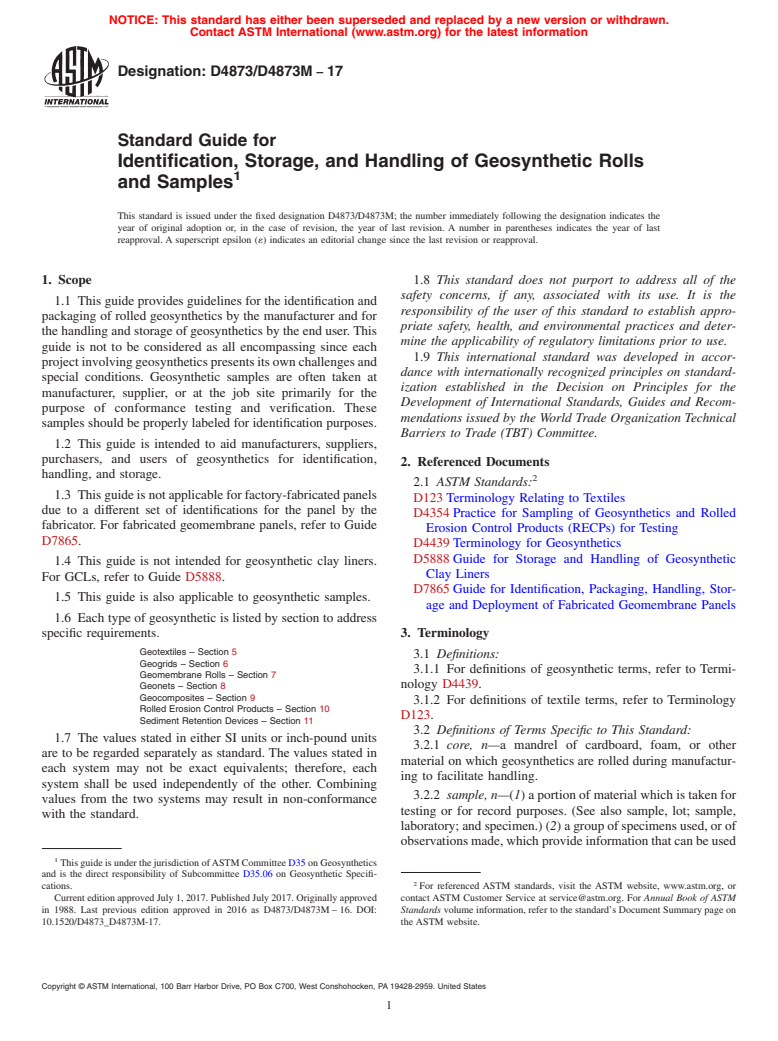 ASTM D4873/D4873M-17 - Standard Guide for Identification, Storage, and Handling of Geosynthetic Rolls  and Samples