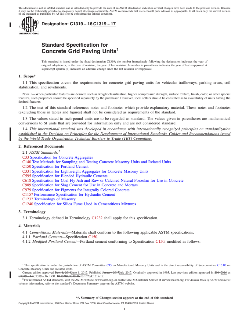 REDLINE ASTM C1319-17 - Standard Specification for  Concrete Grid Paving Units